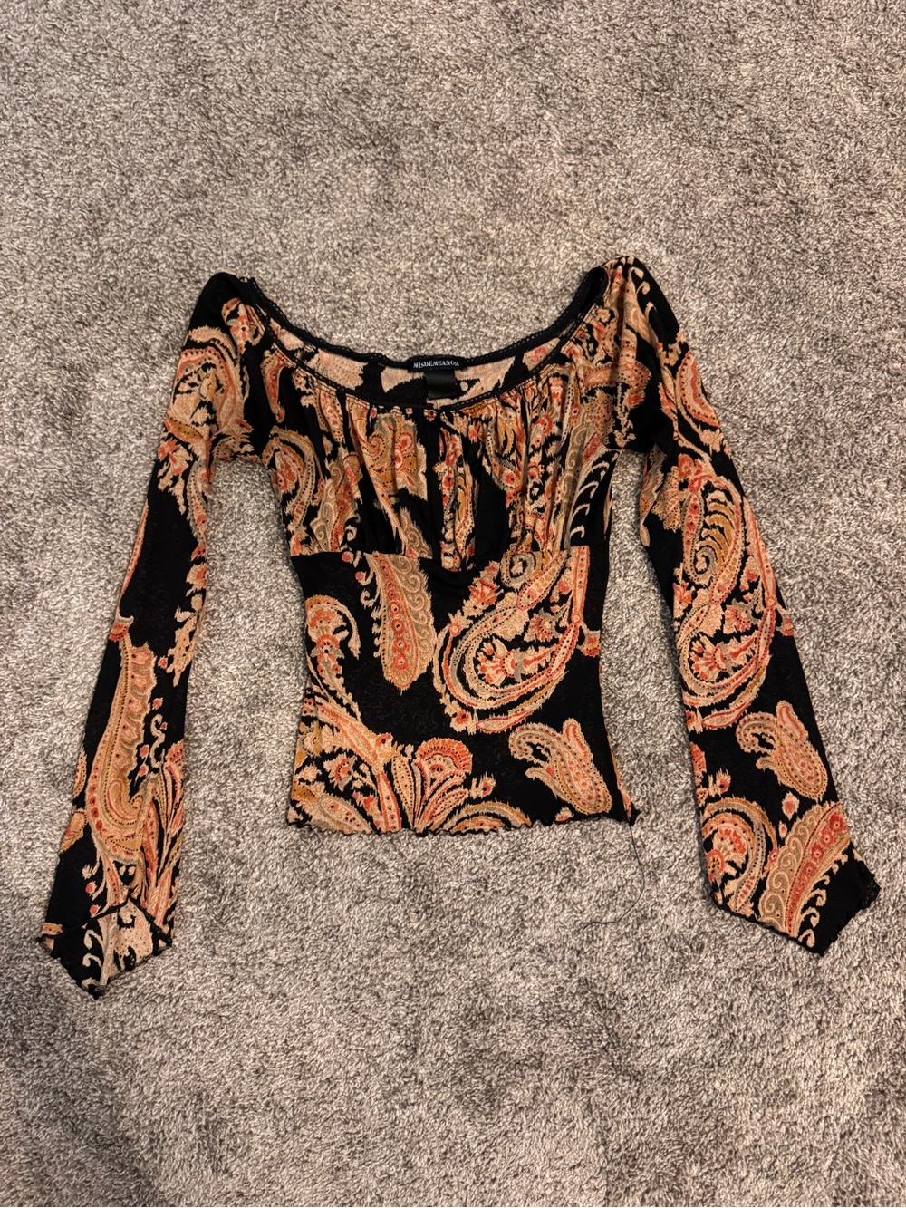 Misdemeanor Vintage Black Paisley Off-Shoulder Long-Sleeve Top